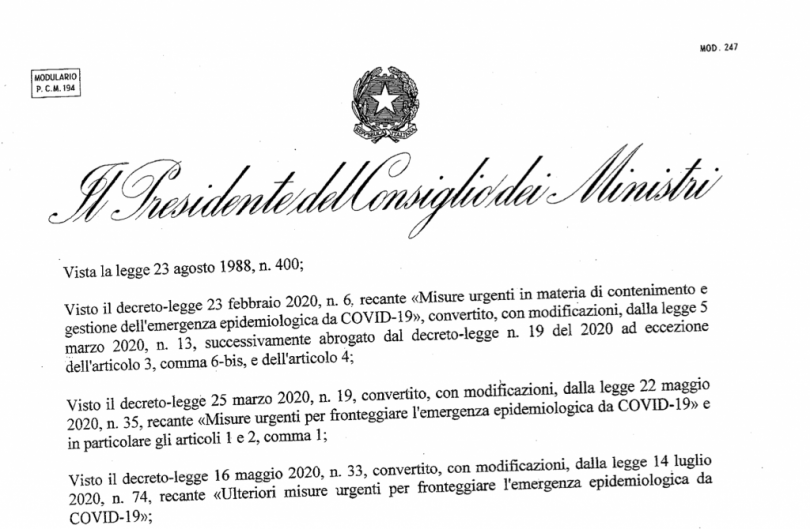 Il testo del DPCM del 3 novembre